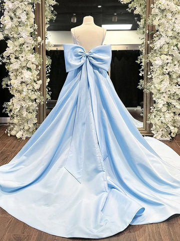 Blue A-Line Spaghetti Strap Bow Satin Long Prom Dress Graduation Dress HZ1023
